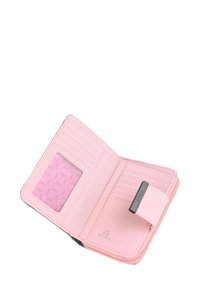 Pink wallet with multiple card slots, clear ID window, and a patterned interior. Features a textured surface and a secure closure strap.