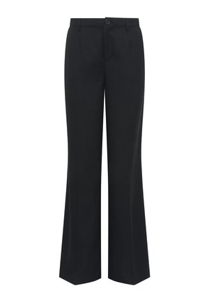 Black wide-leg trousers made of smooth fabric. Features a button closure, front pockets, and a tailored fit.