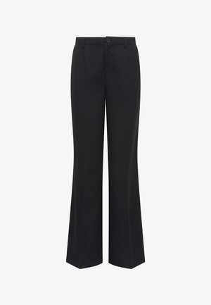 Black wide-leg trousers made of smooth fabric. Features a button closure, front pockets, and a tailored fit.