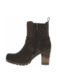 Botte cheville marron avec un dessus texturé brun foncé, un panneau en imprimé léopard, une fermeture éclair latérale et un talon compensé. Semelle en caoutchouc pour une meilleure adhérence.