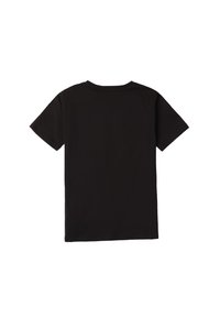 Czarna bawełniana koszulka z krótkim rękawem, okrągłym dekoltem, gładką fakturą i bez widocznych logo lub wzorów na plecach.