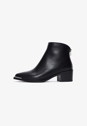 Dunne zwarte leren enkelboot met een spitse neus, lage blokhak en een rits aan de zijkant. Gladde textuur en metallic accent op de neus.