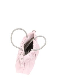 Borsa in pelle rosa con design arricciato, dotata di manici argentati scintillanti e fodera interna a motivo. Apertura superiore con chiusura a scatto.