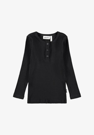 Maglia Henley nera a costine con maniche lunghe, tre bottoni e scollo rotondo, con etichetta "Molo" sul colletto.