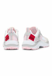 Sneakers with a white and light pink mesh and synthetic upper, padded collar, gray accents, and a red label featuring "HUGO" on the back.