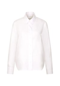 Chemise blanche en lin à manches longues avec un col, des boutons sur le devant et une coupe décontractée. Texture lisse sans motifs ni accents visibles.