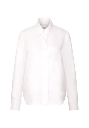 Biała lniana koszula z długim rękawem, kołnierzykiem, guzikami z przodu i luźnym krojem. Gładka tekstura bez widocznych wzorów lub akcentów.