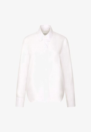 Weißes Leinenhemd mit langen Ärmeln, Kragen, vorderen Knöpfen und entspannter Passform. Glatte Textur ohne sichtbare Muster oder Akzente.