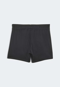 Schwarze Badeshorts aus glattem, dehnbarem Stoff, mit einem flachen Bund und ohne dekorative Akzente. Angepasst für einen bequemen Sitz.