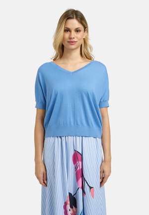 Woman wearing a light blue short-sleeve V-neck top and a blue-and-white striped skirt with a large pink and black floral pattern.