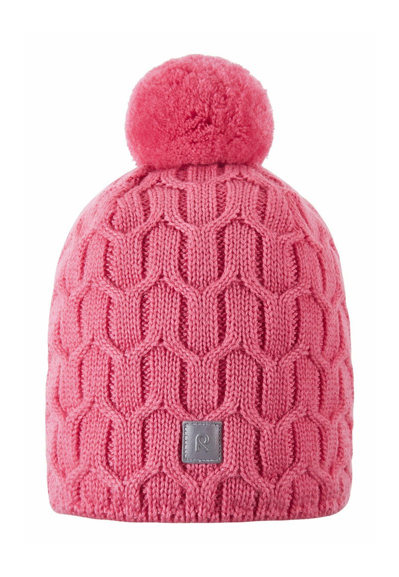 Pink knitted beanie with a textured diamond pattern, featuring a fluffy pom-pom on top and a rectangular logo patch on the side.