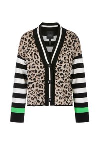 Kardigan mit Leopardenmuster, der schwarze und weiße gestreifte Ärmel, schwarze Knöpfe und einen lebhaften grünen Akzent an den Bündchen aufweist.