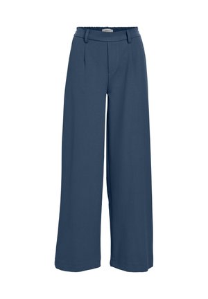 Pantalons larges en tissu bleu foncé, avec une taille élastiquée, des plis à l'avant et sans poches ni embellissements visibles.