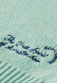 Tessuto lavorato a maglia di un delicato verde menta con una consistenza morbida presenta testo ricamato in blu navy in stile corsivo.