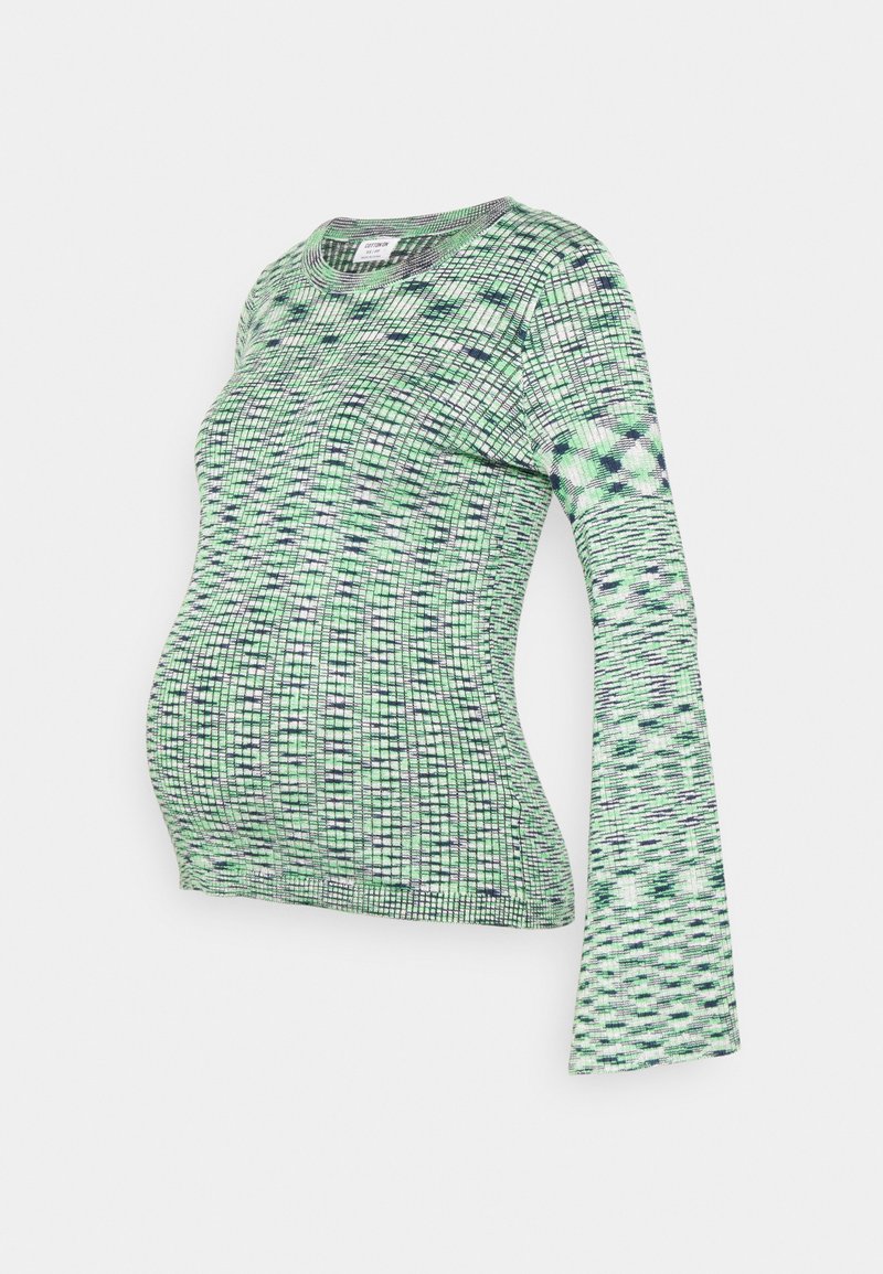 Top de maternidade de manga longa na cor verde com um padrão quadriculado, textura canelada e mangas largas. Feito de um tecido de malha elástica para conforto.