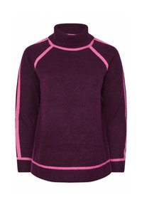 Lila Rollkragenpullover mit pinken Akzenten und seitlichen Streifen. Weicher Strickstoff, lockere Passform und gerippter Kragen. Verstellbare Ärmellänge.