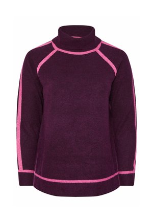 Lilla turtleneck sweater med pinke accenter og sidestriber. Blød strikket tekstur, afslappet pasform og ribbet krave. Justerbar ærmelængde.