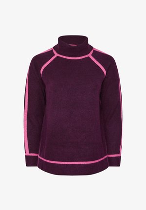Pull à col roulé violet avec des accents roses et des rayures sur les côtés. Texture tricotée douce, coupe décontractée et col côtelé. Longueur de manches ajustable.