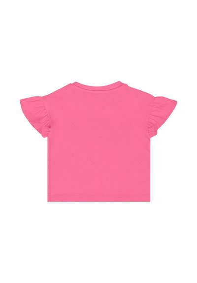 Różowa koszulka z krótkim rękawem z falbaniastymi rękawami. Wykonana z miękkiej bawełny, z okrągłym dekoltem i jednolitym wzorem. Widok z tyłu.