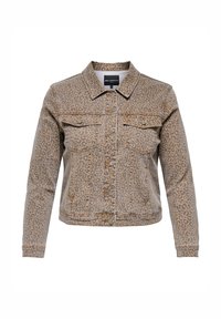 Džinsu jaka ar leopardu rakstu, ar apkakles kaklu, divām priekšējām kabatām un kontrastējošu dūrienu. Īsais, pieguļošais dizains ar pogām.