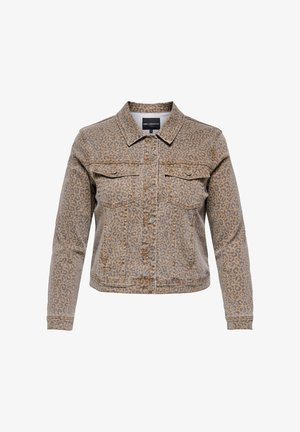 Leopard print denim jacket with a collared neck, two front pockets, and contrasting stitching. Short, fitted design with button closure.