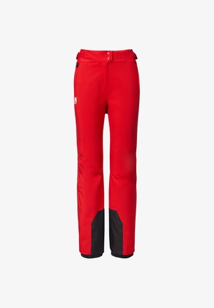 Red waterproof pants with black lower panels, adjustable waist, and reinforced seams, suitable for outdoor activities in wet conditions.