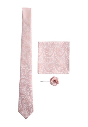 Light pink paisley patterned men's tie, matching pocket square, and fabric flower lapel pin set on white background.