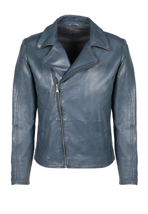 Blå lædermotorcykeljakke med en klippet krave, asymmetrisk lynlås og to forlommer; glat tekstur og tætsiddende design.
