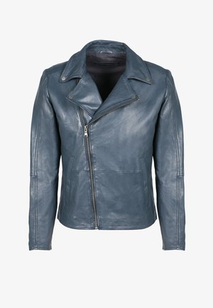 Blå lædermotorcykeljakke med en klippet krave, asymmetrisk lynlås og to forlommer; glat tekstur og tætsiddende design.