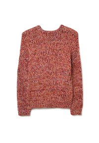 Suéter de punto en una mezcla de tonos rojos y rosas. Presenta un cuello redondo, mangas largas y un patrón texturizado en toda su superficie.