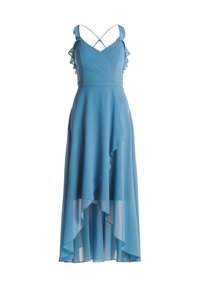 Blaues Chiffonkleid mit Rüschenträgern, einer taillierten Brustpartie und einem asymmetrischen Saum, der eine fließende Silhouette erzeugt.