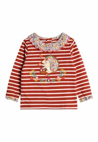 Rot-weißer gestreifter Langarmshirt mit einem gewellten Blumenkragen und einem Igel-Stickerei, verziert mit dekorativen Blumen und Schmetterlingen.