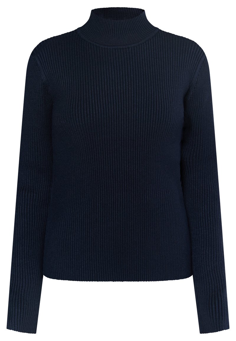 Geribbelde coltrui in marineblauw, met lange mouwen en een aansluitend ontwerp voor een snug uiterlijk. Zachte textuur en minimale afwerking.