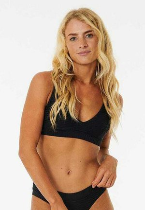 Black ribbed bikini top with a V-neck design, paired with a matching bottom; smooth texture and minimal detailing.