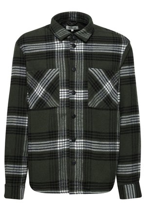 Zielona flanelowa koszula w kratę w czarno-białym wzorze, zapinana na guziki, z dwoma kieszeniami na piersi i długimi rękawami. Gładki, teksturowany materiał.