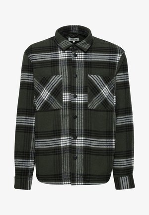 Zielona flanelowa koszula w kratę w czarno-białym wzorze, zapinana na guziki, z dwoma kieszeniami na piersi i długimi rękawami. Gładki, teksturowany materiał.
