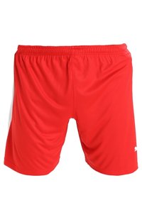 Rote Sportshorts mit elastischem Bund, leichtem Stoff und einem kleinen weißen Logo am unteren rechten Bein.