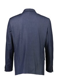 Giacca blu navy in tessuto liscio e strutturato. Presenta un colletto classico, maniche lunghe e dettagli con bottoni sui polsini. Vista posteriore.