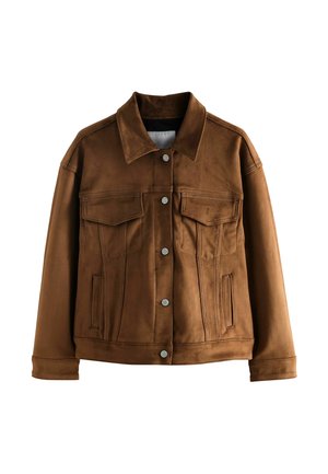 Brown suede jacket with a collared neck, front buttons, two chest pockets, and side pockets. Features visible stitching and a relaxed fit.
