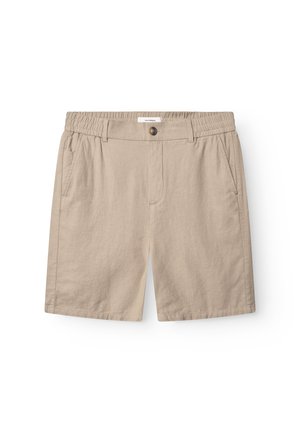 Shorts beige in cotone con vita elastica, tasche frontali, chiusura con bottone e tessuto liscio.