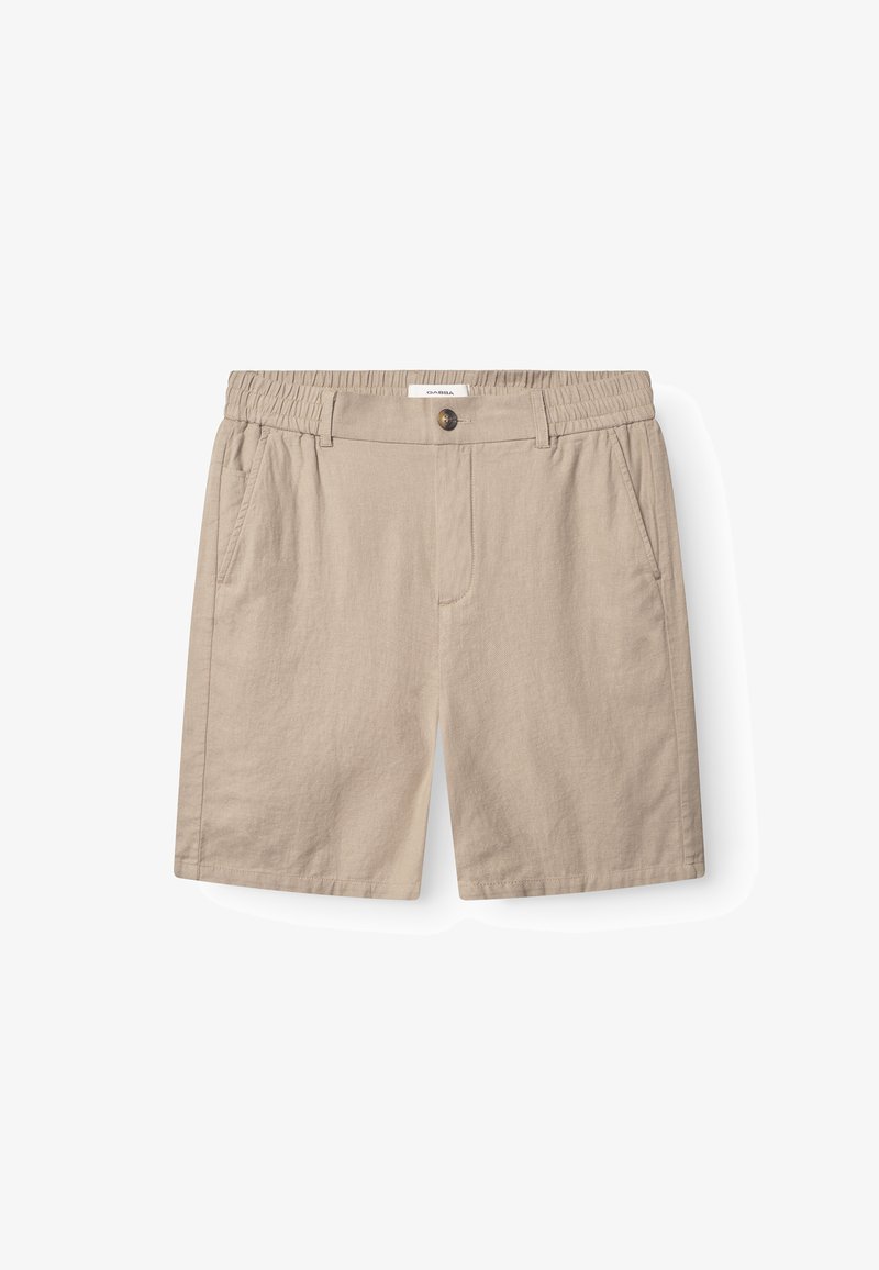 Beige bomullsshorts med elastisk midja, framfickor, knäppning med knapp och en slät yta.