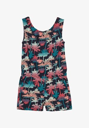 Combinaison sans manches bleu marine avec taille élastique, présentant un motif de palmiers multicolores dans des tons de rose, turquoise et crème.