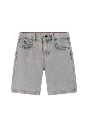 Short en jean gris avec passants de ceinture, bouton devant, fermeture éclair et style cinq poches.