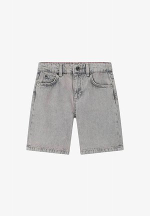 Short en jean gris avec passants de ceinture, bouton devant, fermeture éclair et style cinq poches.