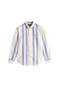Camisa abotonada con rayas verticales en azul, amarillo y blanco. Fabricada en algodón, cuenta con un collar clásico y un pequeño detalle de logo.