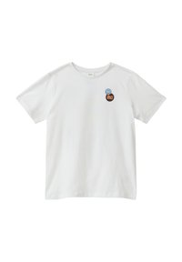 Witte katoenen t-shirt met korte mouwen. Heeft een blauw en zwart cirkelvormig "Smiley World" graphic op de borst. Glad textuur.