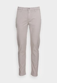Pantalon slim gris clair en tissu coton. Dispose d'une fermeture à bouton, de passants de ceinture et d'une texture lisse sans motifs visibles.