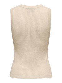 Haut beige sans manches en maille côtelée avec un col rond et une silhouette cintrée.