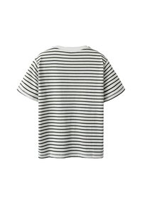 Short-sleeve T-shirt featuring a white fabric with black horizontal stripes, a round neckline, and a relaxed fit. Simple design with no embellishments.