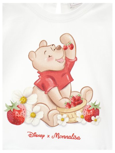 Ο Γουίνι το Αρκουδάκι φοράει κόκκινη μπλούζα, κρατώντας χαρούμενα φράουλες με ένα καλάθι, περικυκλωμένος από λευκά λουλούδια και μεγάλες φράουλες.